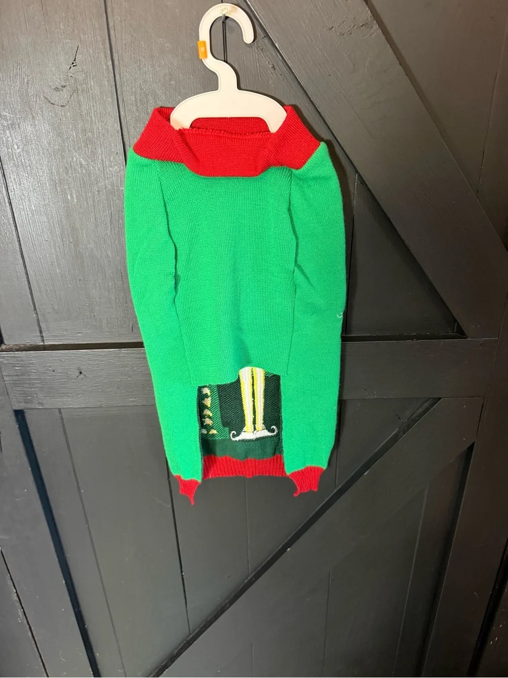 ELF Green and Red Festive Knit Dog Sweater with Elf Graphic